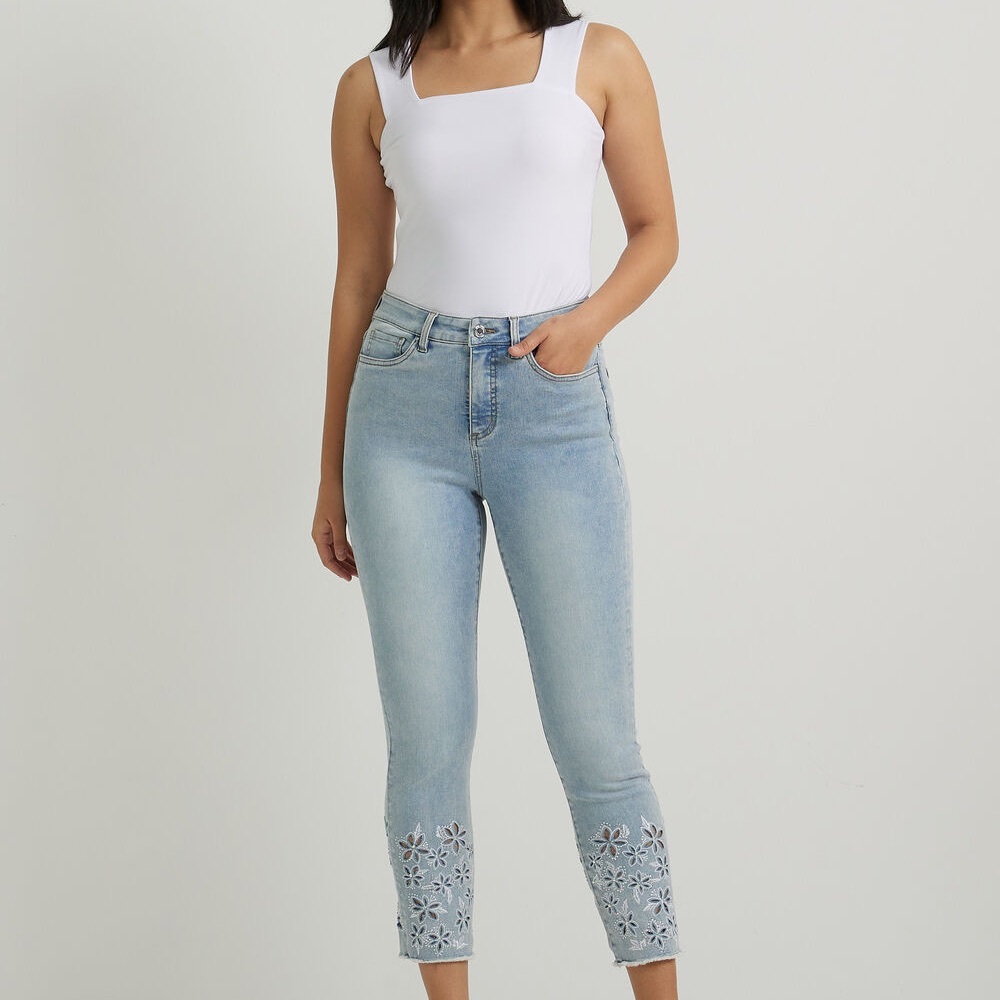 Joseph Ribkoff Light Blue Cropped Ankle Jeans with Crystal Hem